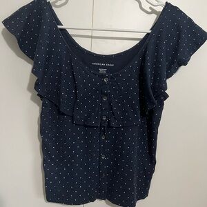 American Eagle navy blue, polka dot ruffle top